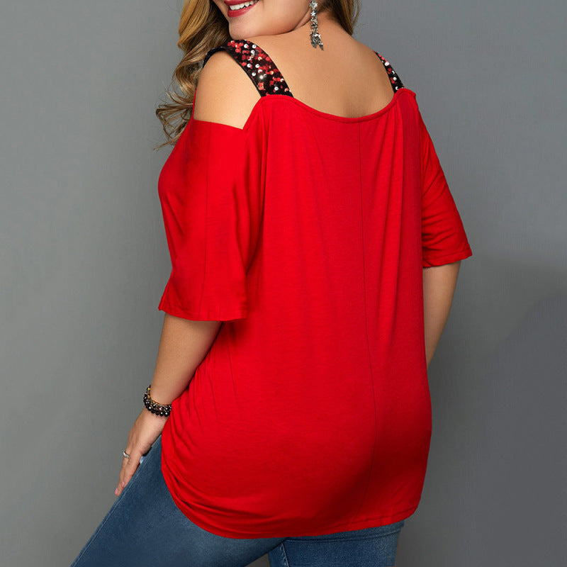 Christmas tree print off-shoulder loose short-sleeved plus size T-shirt top BLUE ZONE PLANET