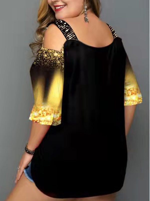 Christmas tree print off-shoulder loose short-sleeved plus size T-shirt top BLUE ZONE PLANET