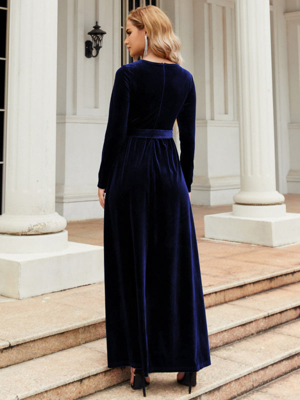 Ella's Gold Velvet Belted Round Neck Maxi Dress BLUE ZONE PLANET