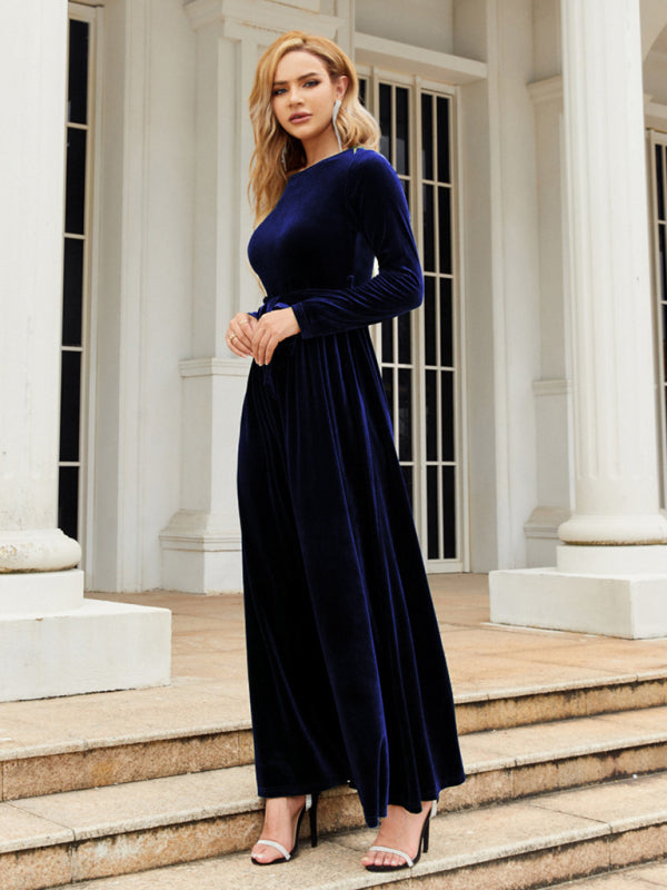 Ella's Gold Velvet Belted Round Neck Maxi Dress BLUE ZONE PLANET