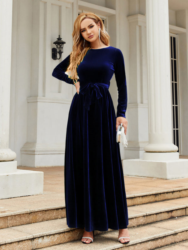 Ella's Gold Velvet Belted Round Neck Maxi Dress BLUE ZONE PLANET