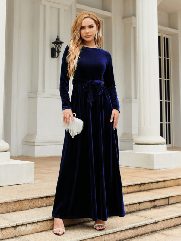Ella's Gold Velvet Belted Round Neck Maxi Dress BLUE ZONE PLANET