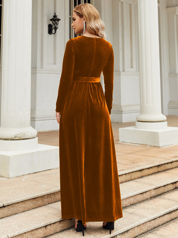 Ella's Gold Velvet Belted Round Neck Maxi Dress BLUE ZONE PLANET