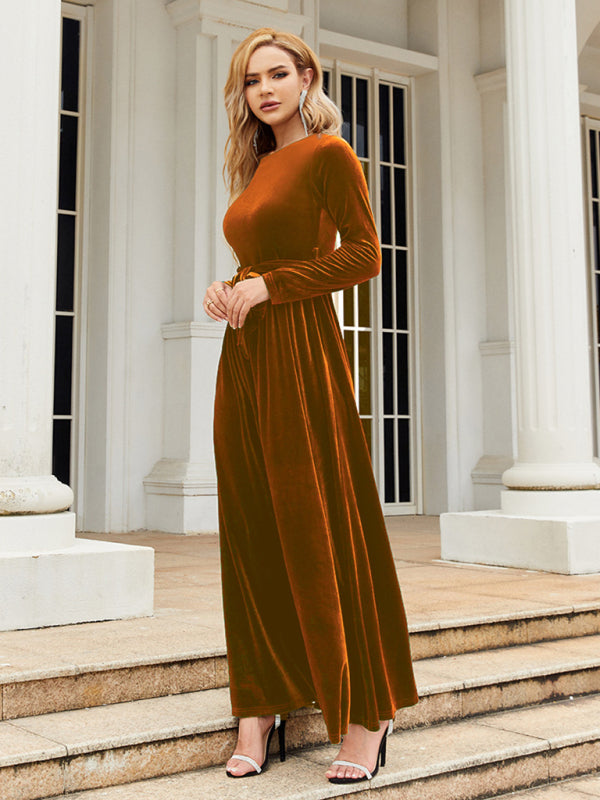 Ella's Gold Velvet Belted Round Neck Maxi Dress BLUE ZONE PLANET