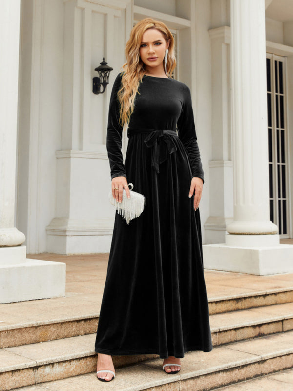 Ella's Gold Velvet Belted Round Neck Maxi Dress BLUE ZONE PLANET