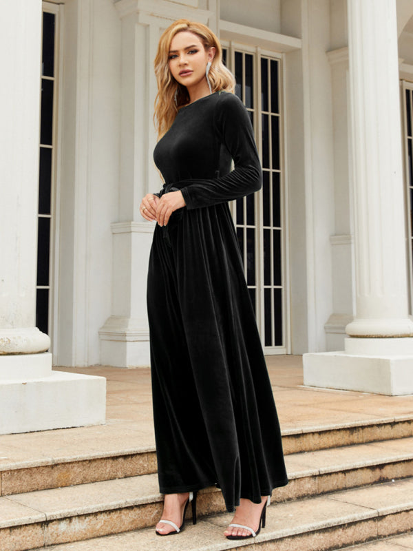 Ella's Gold Velvet Belted Round Neck Maxi Dress BLUE ZONE PLANET