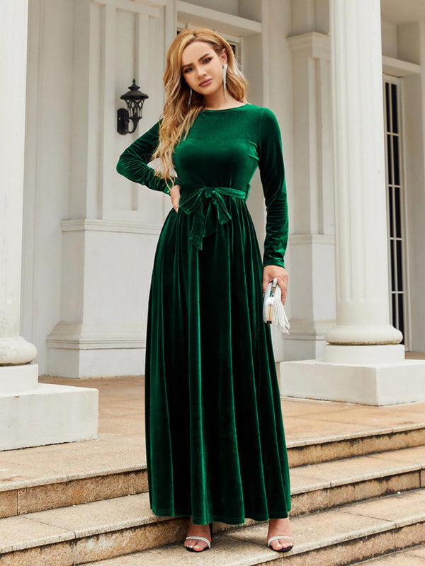 Ella's Gold Velvet Belted Round Neck Maxi Dress BLUE ZONE PLANET