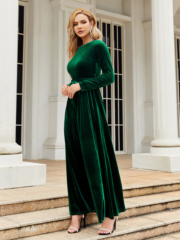 Ella's Gold Velvet Belted Round Neck Maxi Dress BLUE ZONE PLANET