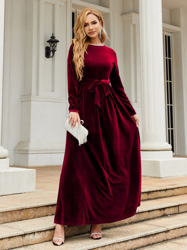 Ella's Gold Velvet Belted Round Neck Maxi Dress BLUE ZONE PLANET