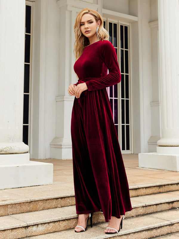 Ella's Gold Velvet Belted Round Neck Maxi Dress BLUE ZONE PLANET
