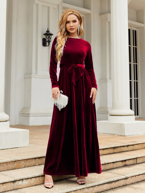 planet gold dress Zone Planet | Ella's Gold Velvet Belted Round Neck Maxi Dress