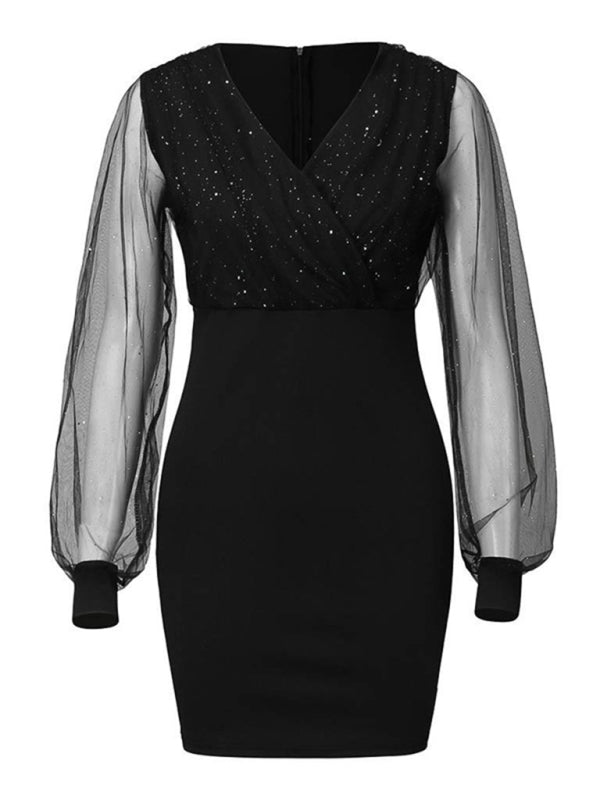 Mesh V-neck sequined long-sleeved dress slim dress for women kakaclo