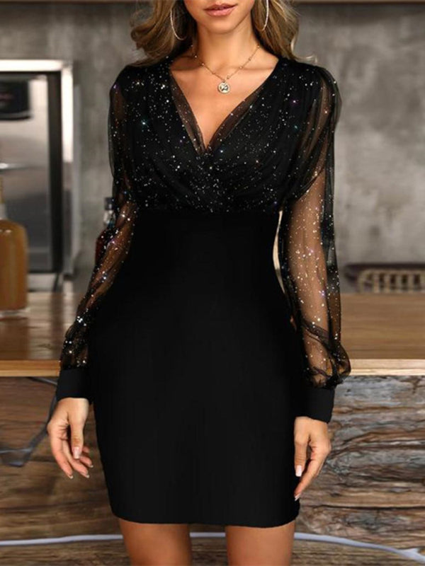 Mesh V-neck sequined long-sleeved dress slim dress for women kakaclo