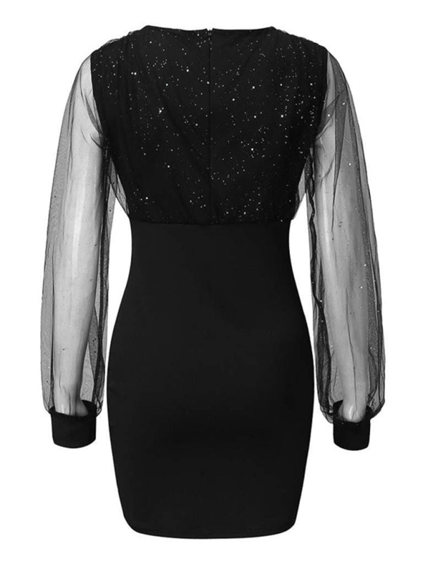Mesh V-neck sequined long-sleeved dress slim dress for women kakaclo