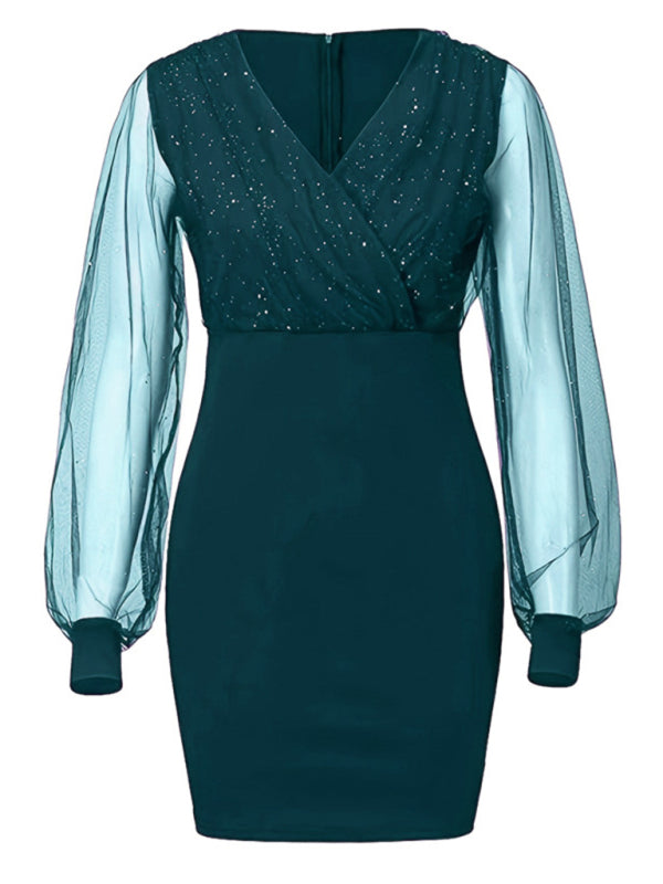 Mesh V-neck sequined long-sleeved dress slim dress for women kakaclo