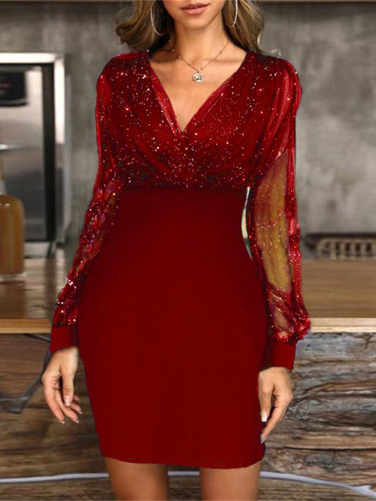 Mesh V-neck sequined long-sleeved dress slim dress for women kakaclo