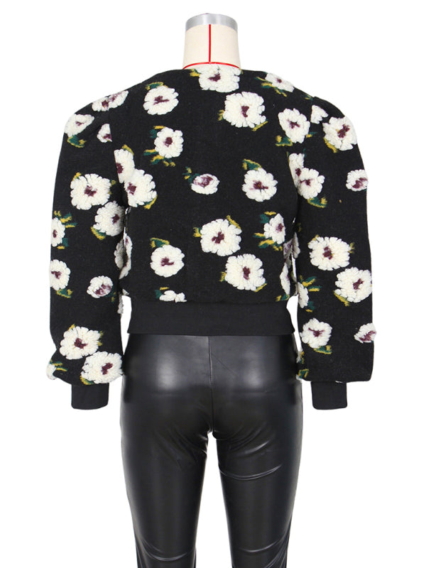 Button Three-dimensional Flower Short Jacket kakaclo