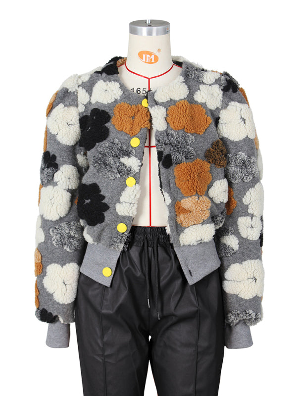 Button Three-dimensional Flower Short Jacket kakaclo