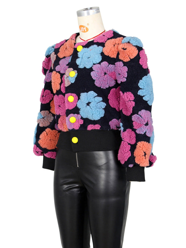 Button Three-dimensional Flower Short Jacket kakaclo