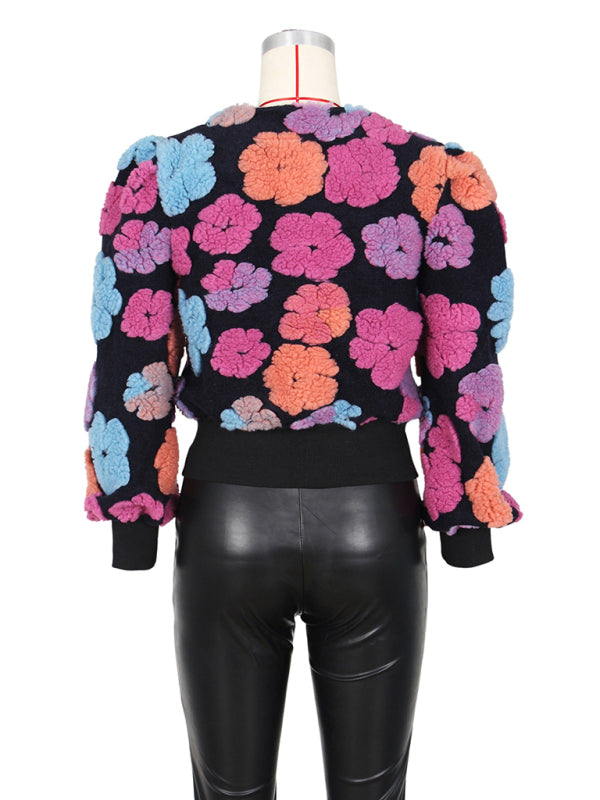 Button Three-dimensional Flower Short Jacket kakaclo