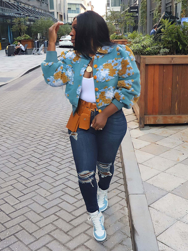 Button Three-dimensional Flower Short Jacket kakaclo