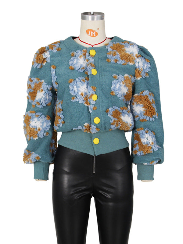 Button Three-dimensional Flower Short Jacket kakaclo