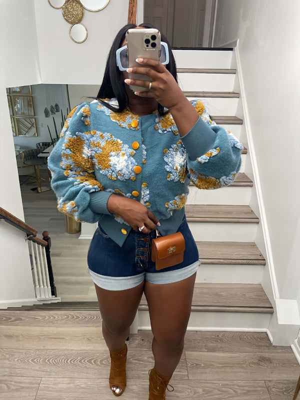 Button Three-dimensional Flower Short Jacket kakaclo