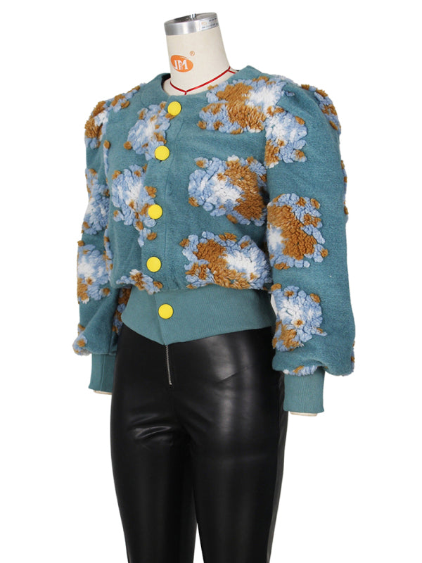 Button Three-dimensional Flower Short Jacket kakaclo