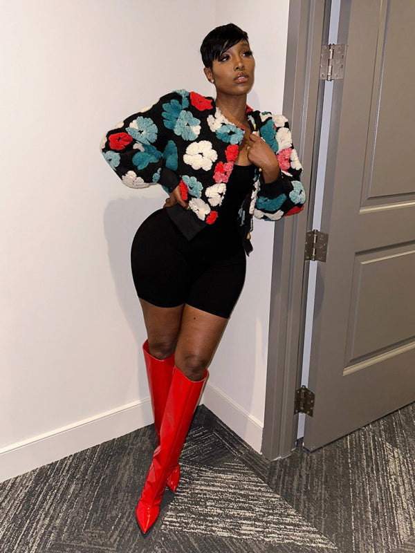 Button Three-dimensional Flower Short Jacket kakaclo