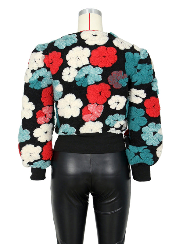 Button Three-dimensional Flower Short Jacket kakaclo