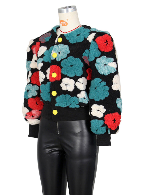 Button Three-dimensional Flower Short Jacket kakaclo
