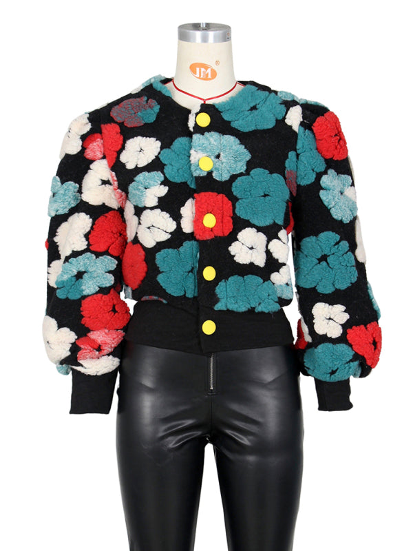 Button Three-dimensional Flower Short Jacket kakaclo
