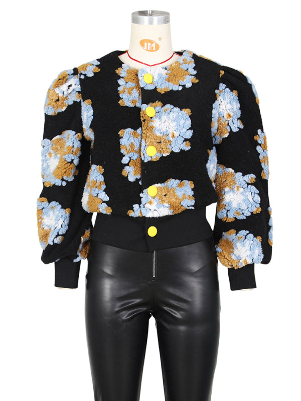 Button Three-dimensional Flower Short Jacket kakaclo