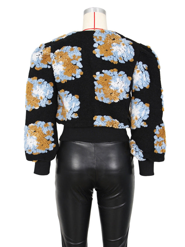 Button Three-dimensional Flower Short Jacket kakaclo