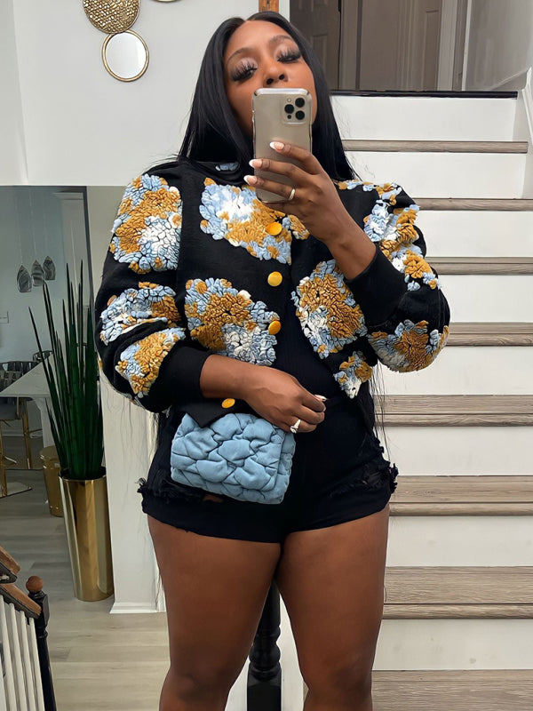 Button Three-dimensional Flower Short Jacket kakaclo