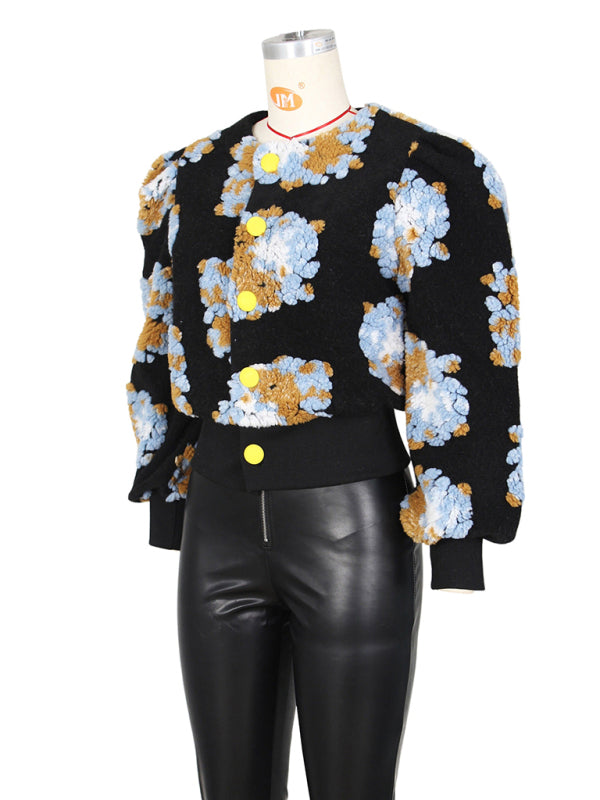 Button Three-dimensional Flower Short Jacket kakaclo