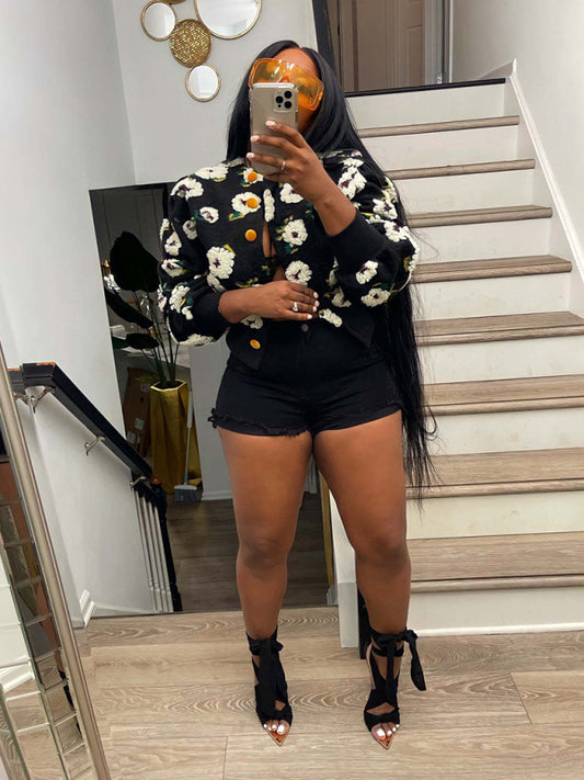 Button Three-dimensional Flower Short Jacket kakaclo