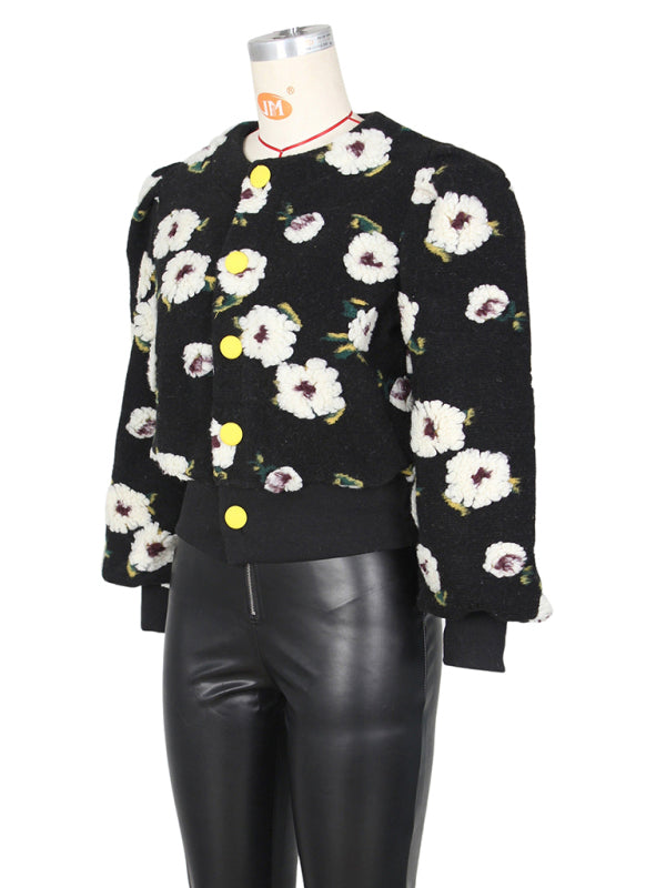 Button Three-dimensional Flower Short Jacket kakaclo