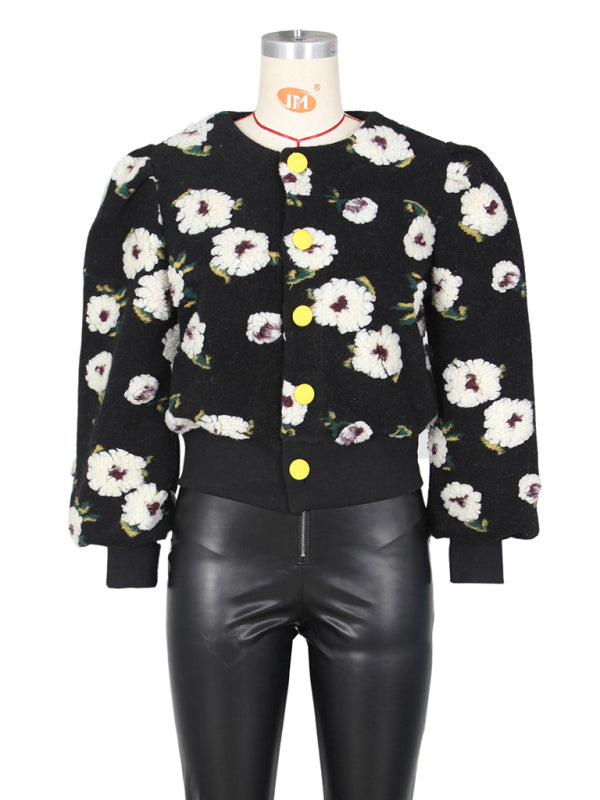 Button Three-dimensional Flower Short Jacket kakaclo