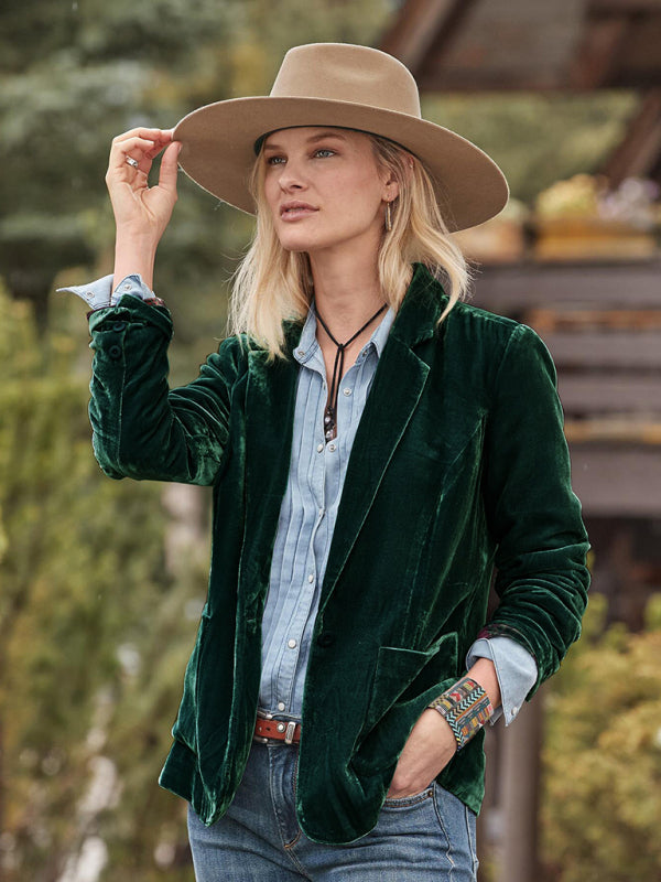 Women's gold velvet short lapel blazer BLUE ZONE PLANET