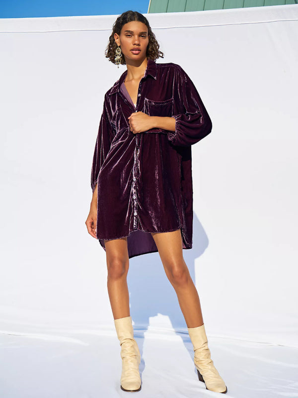 Blue Zone Planet | Gold Velvet Casual Swing Collar blouse kakaclo