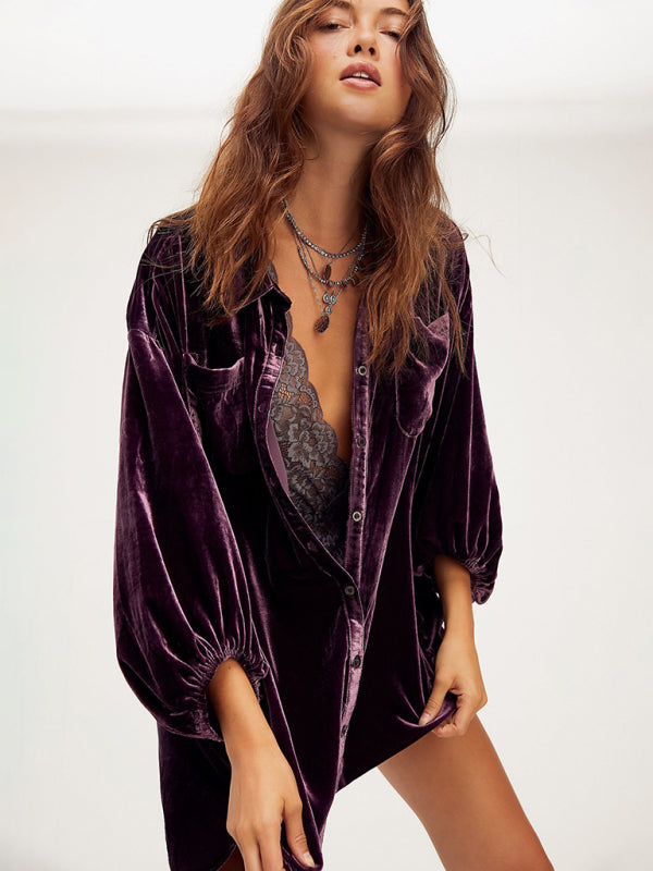 Blue Zone Planet | Gold Velvet Casual Swing Collar blouse kakaclo