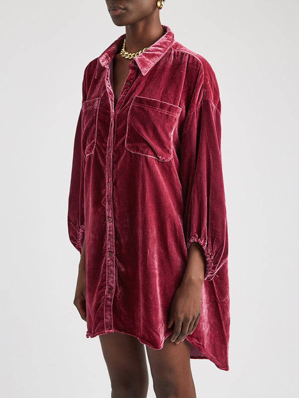 Blue Zone Planet | Gold Velvet Casual Swing Collar blouse kakaclo