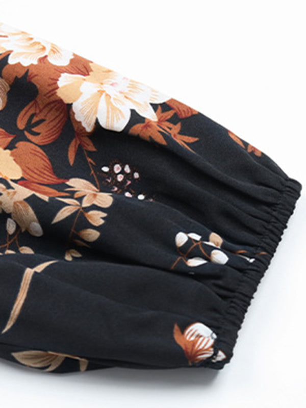 Ruffle Belt Printed Autumn Dress kakaclo