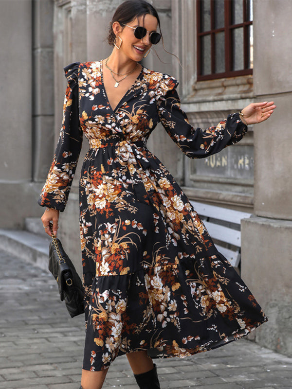 printed fall dress Elastic V Neck Dress | Fall Printed Dress Boutique
