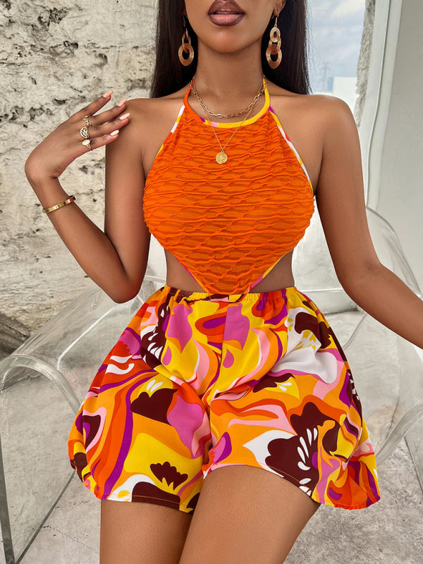 Summer Hollow Bright Color Halter Jumpsuit kakaclo