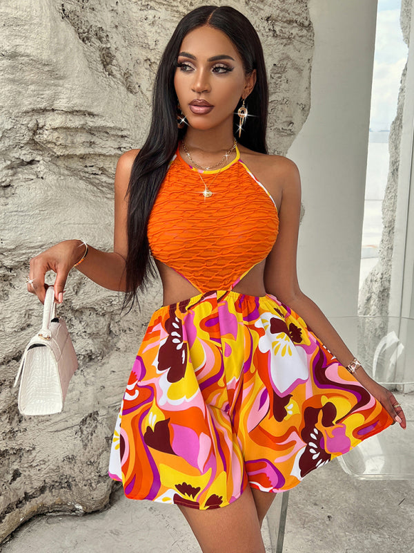 Summer Hollow Bright Color Halter Jumpsuit kakaclo