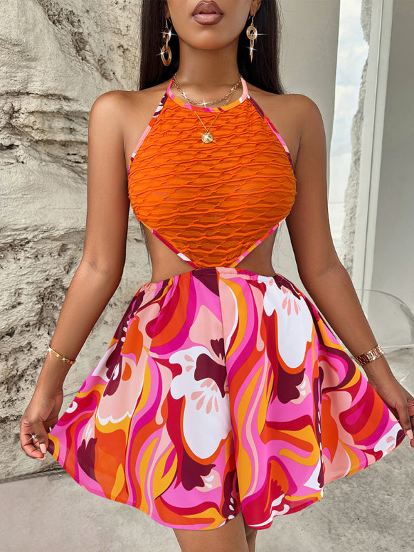 Summer Hollow Bright Color Halter Jumpsuit kakaclo