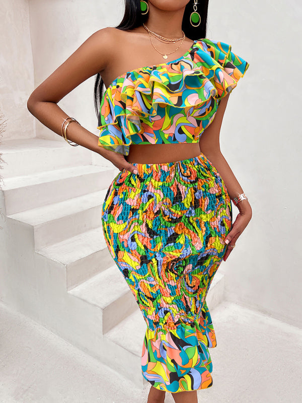 Blue Zone Planet | Off-shoulder lotus leaf print women's suit BLUE ZONE PLANET