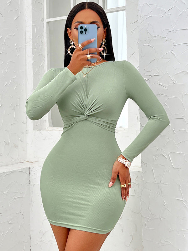 Blue Zone Planet | Sexy Casual Round Neck Twist Long Sleeve Dress BLUE ZONE PLANET